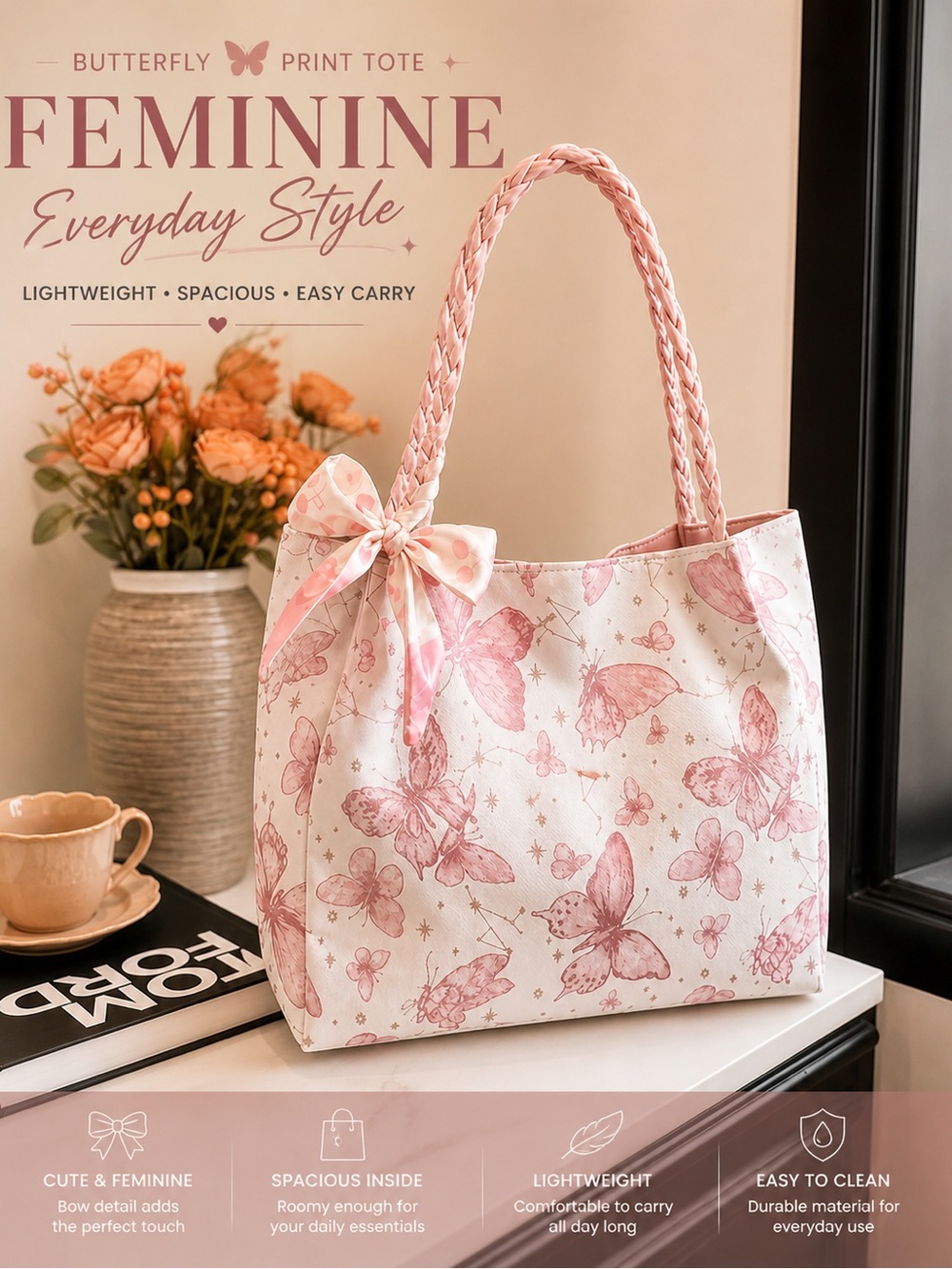 Pink Butterfly Bow Tote Bag Coquette Soft Girl Feminine Everyday Shoulder Bag - Picture 6 of 6